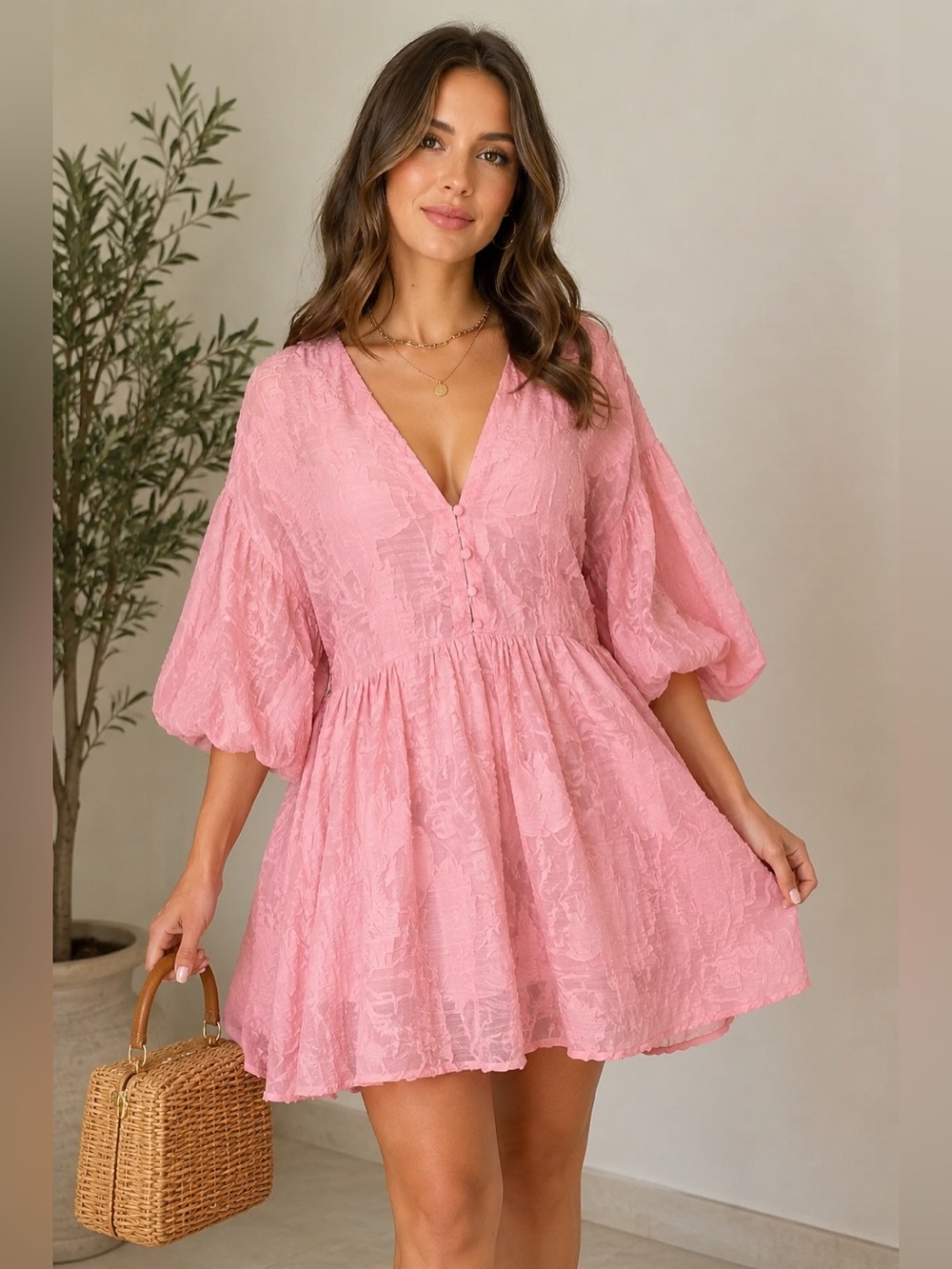 Aveloria Pink Textured Puff Sleeve V-Neck Mini Dress Size L BNWOT